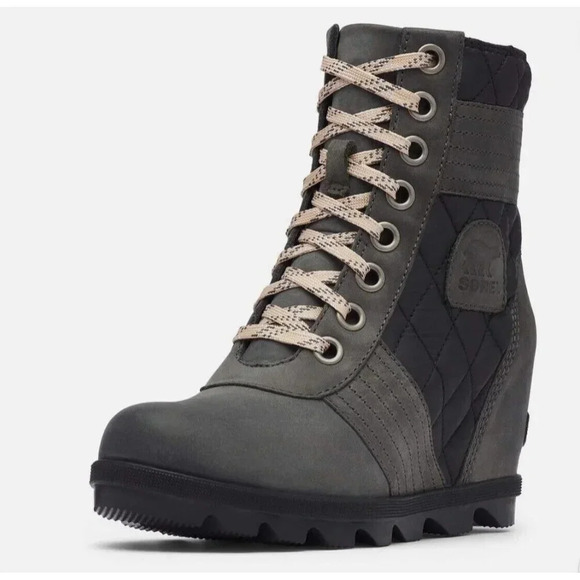 SOREL Women's LEXIE Wedge Bootie Waterproof Dark Slate Leather Textile Boot 7.5 - Picture 1 of 5